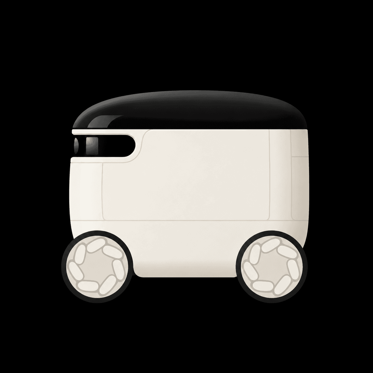 Side view of the Stride bot: pale body, glossy black lid, patterned wheels