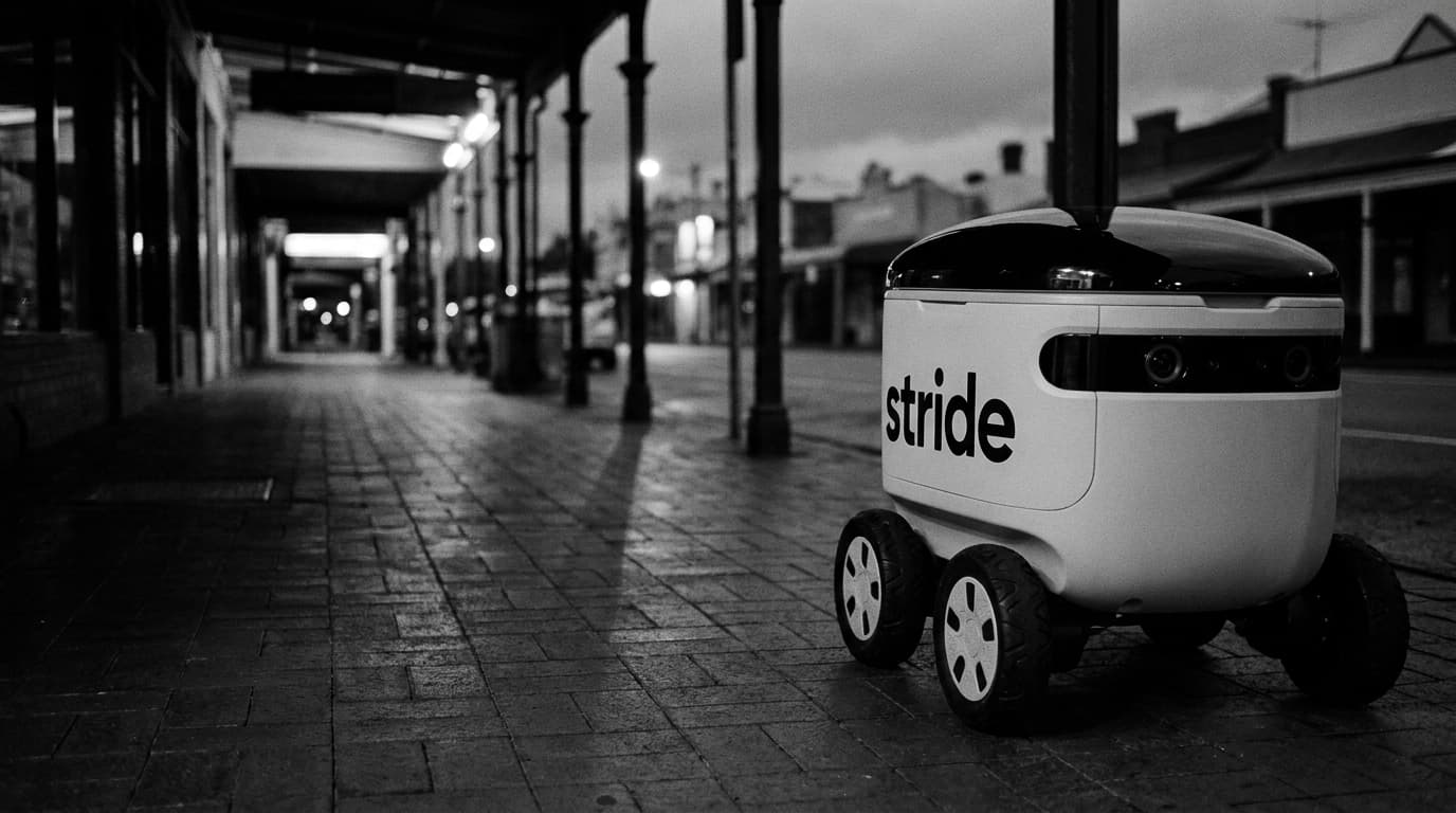 The Stride delivery robot rolling along a Norwood footpath in the evening